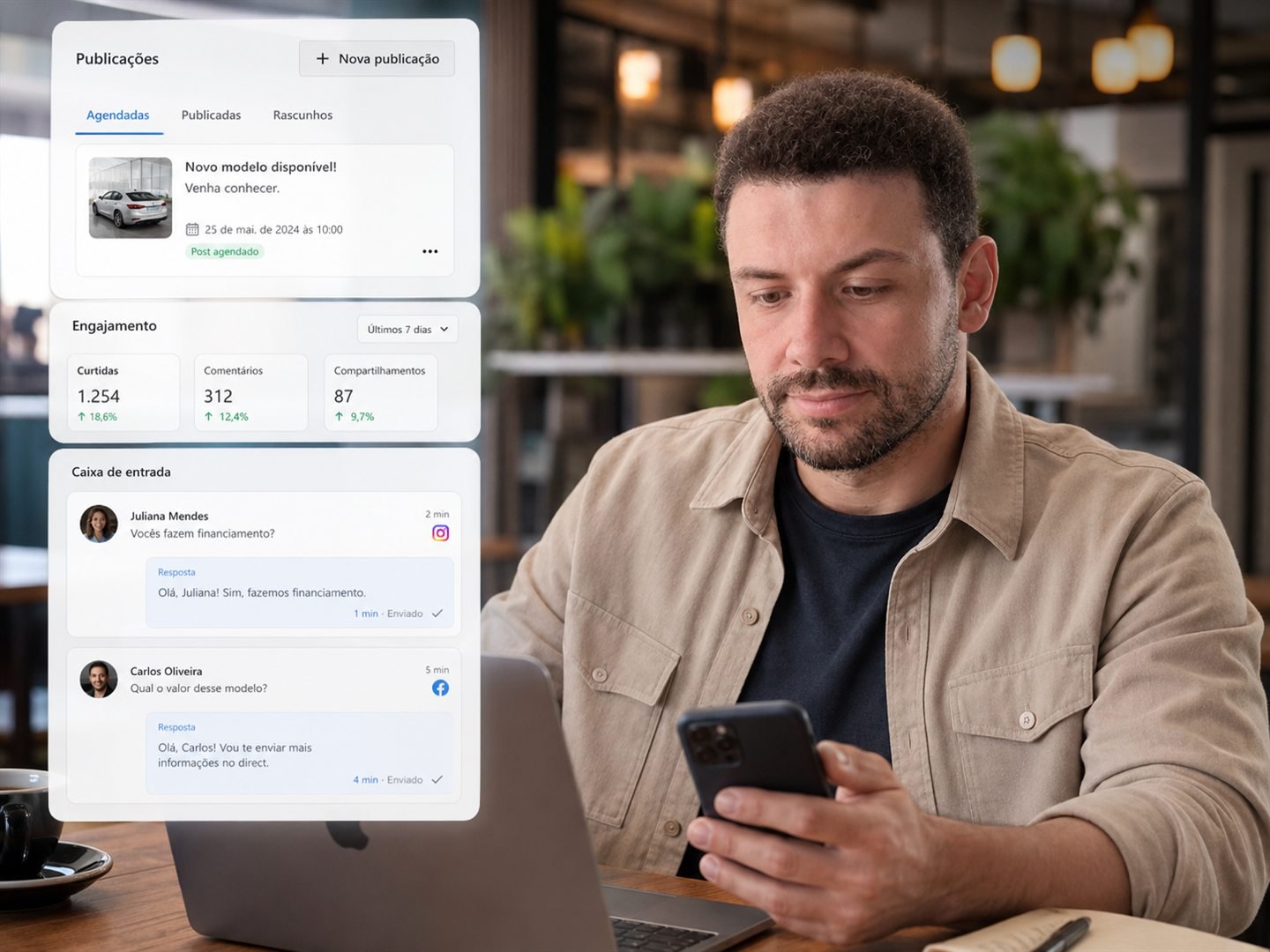 Gestão de publicações, engajamento e atendimento nas redes sociais.